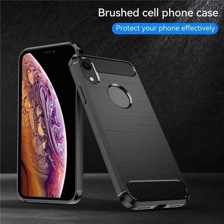 Per iPhone XR 6.1 pollici Protezione da caduta Flessibile Custodia posteriore in TPU Texture in fibra di carbonio spazzolata Custodia per cellulare - Nero