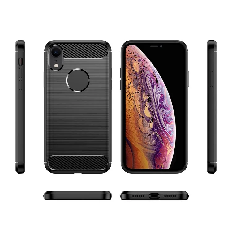 Per iPhone XR 6.1 pollici Protezione da caduta Flessibile Custodia posteriore in TPU Texture in fibra di carbonio spazzolata Custodia per cellulare - Nero