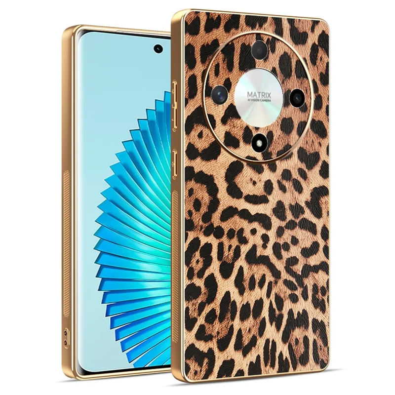 Funda para Honor Magic6 Lite 5G / X9b 5G con Estampado de Leopardo, Cuero PU Revestido, Carcasa Híbrida PC + TPU con Acabado Electrolítico