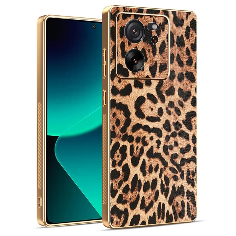 Phone Case For Xiaomi 13T / 13T Pro / Redmi K60 Ultra Leopard Print PU Leather Coated PC + TPU Electroplating Cover