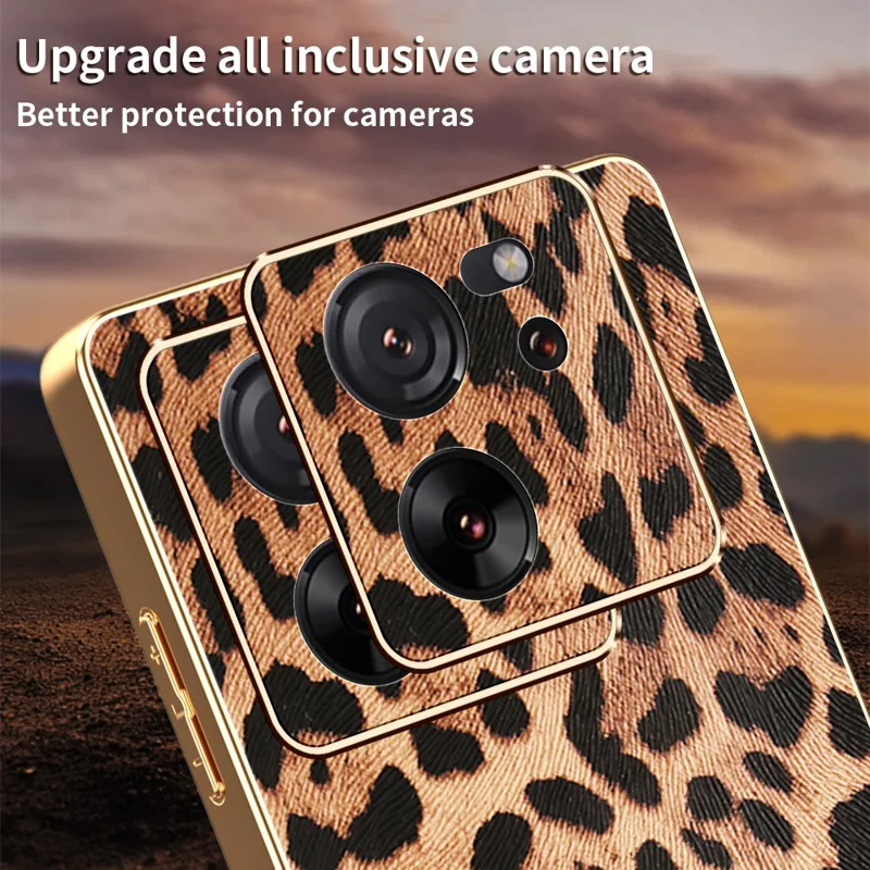 Phone Case For Xiaomi 13T / 13T Pro / Redmi K60 Ultra Leopard Print PU Leather Coated PC + TPU Electroplating Cover
