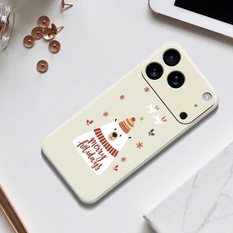 For iPhone 17 Pro Case Merry Holiday Bear Pattern Printing Straight Edge TPU Phone Back Cover - Beige