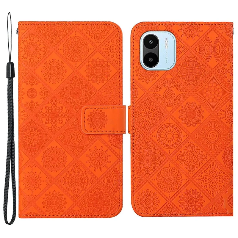 Shockproof Phone Case for Xiaomi Redmi A1 4G / A2 4G , PU Leather Ethnic Style Imprinted Flower Stand Flip Wallet Cover with Strap - Orange