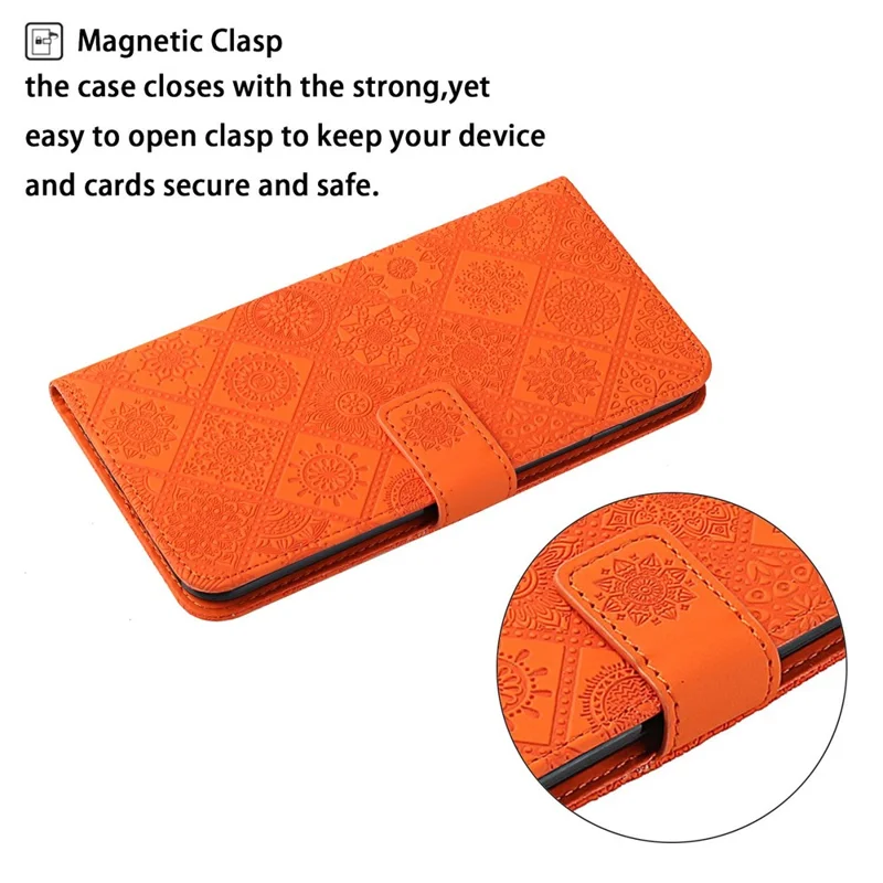 Shockproof Phone Case for Xiaomi Redmi A1 4G / A2 4G , PU Leather Ethnic Style Imprinted Flower Stand Flip Wallet Cover with Strap - Orange