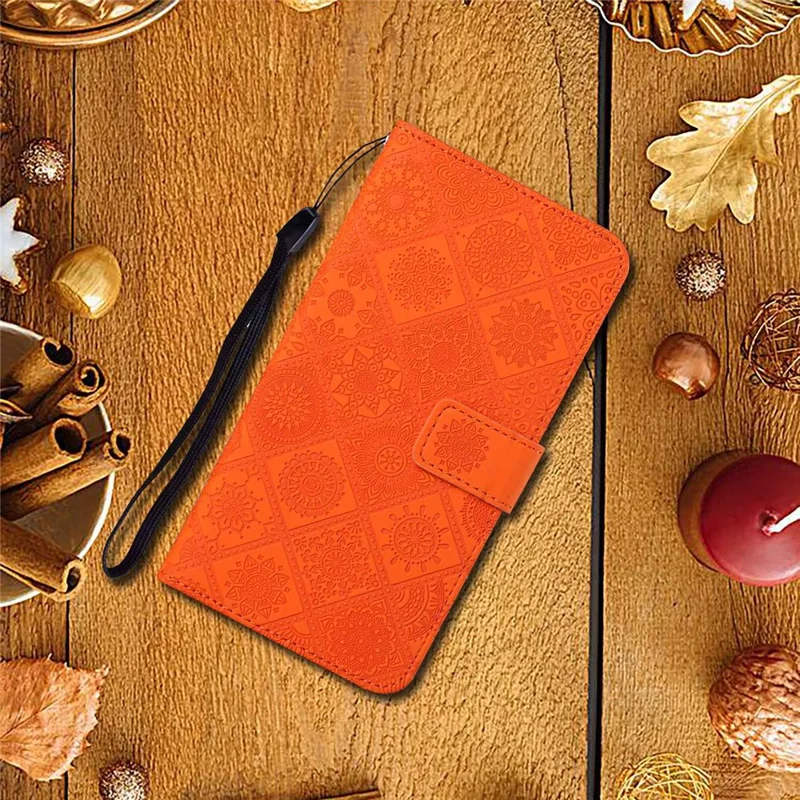 Shockproof Phone Case for Xiaomi Redmi A1 4G / A2 4G , PU Leather Ethnic Style Imprinted Flower Stand Flip Wallet Cover with Strap - Orange