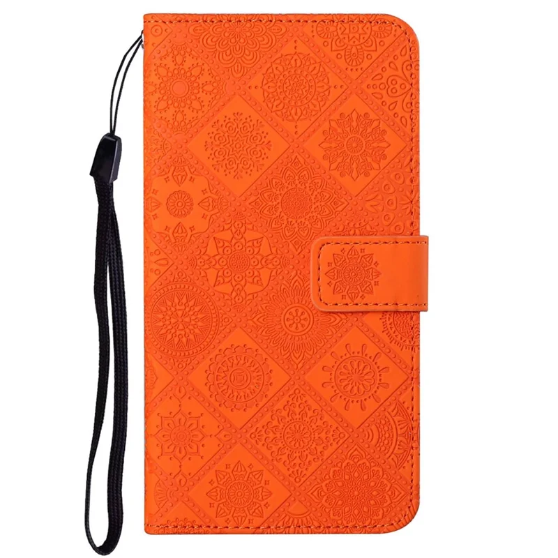 Shockproof Phone Case for Xiaomi Redmi A1 4G / A2 4G , PU Leather Ethnic Style Imprinted Flower Stand Flip Wallet Cover with Strap - Orange