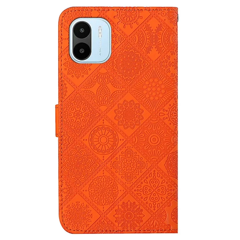 Shockproof Phone Case for Xiaomi Redmi A1 4G / A2 4G , PU Leather Ethnic Style Imprinted Flower Stand Flip Wallet Cover with Strap - Orange