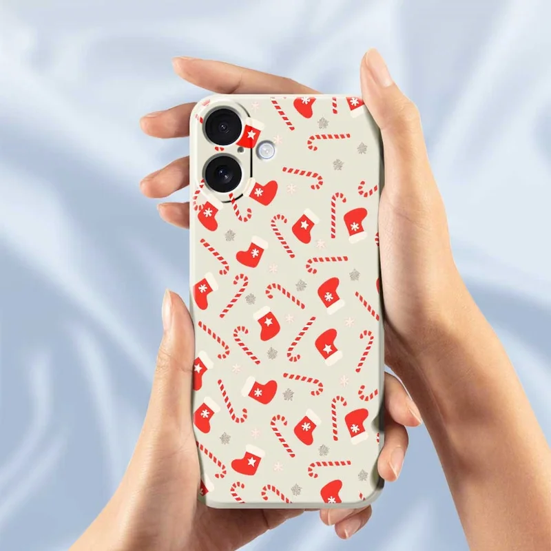 For iPhone 17 Case Red Canes and Stockings Pattern Printing Straight Edge TPU Phone Back Cover - Beige