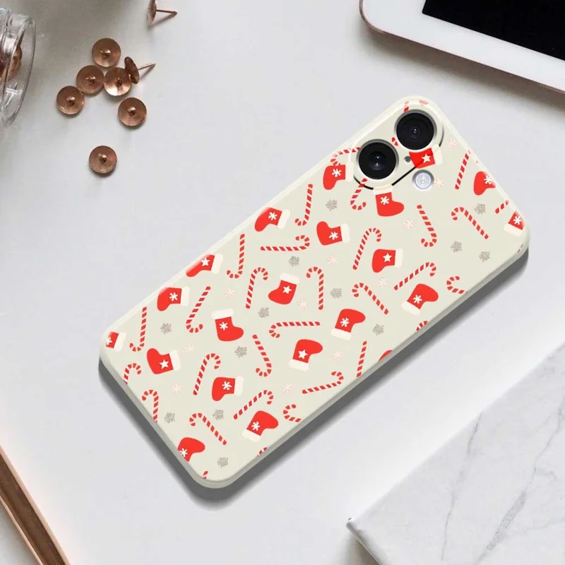 For iPhone 17 Case Red Canes and Stockings Pattern Printing Straight Edge TPU Phone Back Cover - Beige