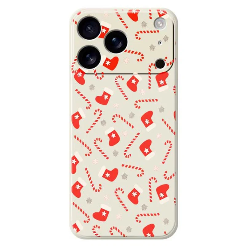 For iPhone 17 Pro Max Case Red Canes and Stockings Pattern Printing Straight Edge TPU Phone Back Cover - Beige