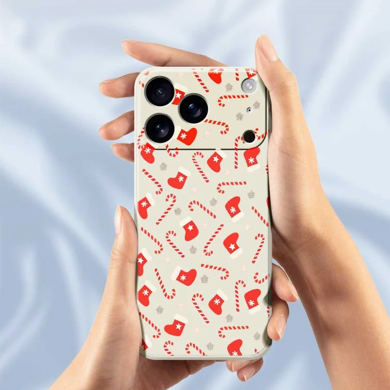 For iPhone 17 Pro Max Case Red Canes and Stockings Pattern Printing Straight Edge TPU Phone Back Cover - Beige
