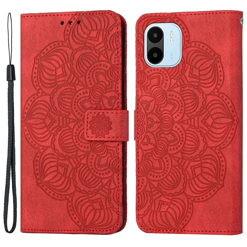 For Xiaomi Redmi A1 4G / A2 4G Protective Phone Cover Imprinted Mandala Flower Wallet PU Leather+Soft TPU Anti-scratch Phone Case - Red