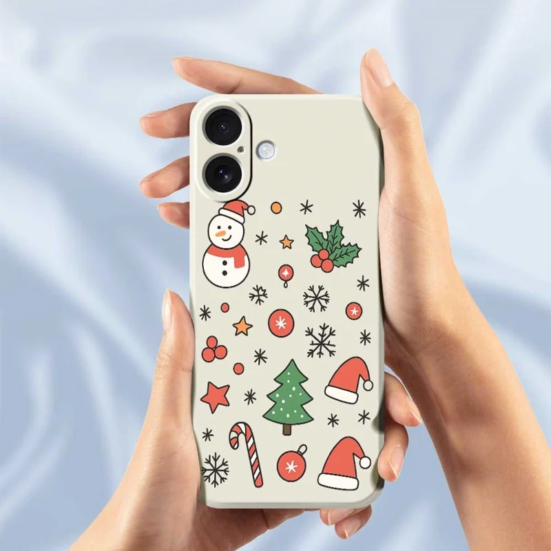 For iPhone 17 Case Snowman and Santa Hat Pattern Printing Straight Edge TPU Phone Back Cover - Beige