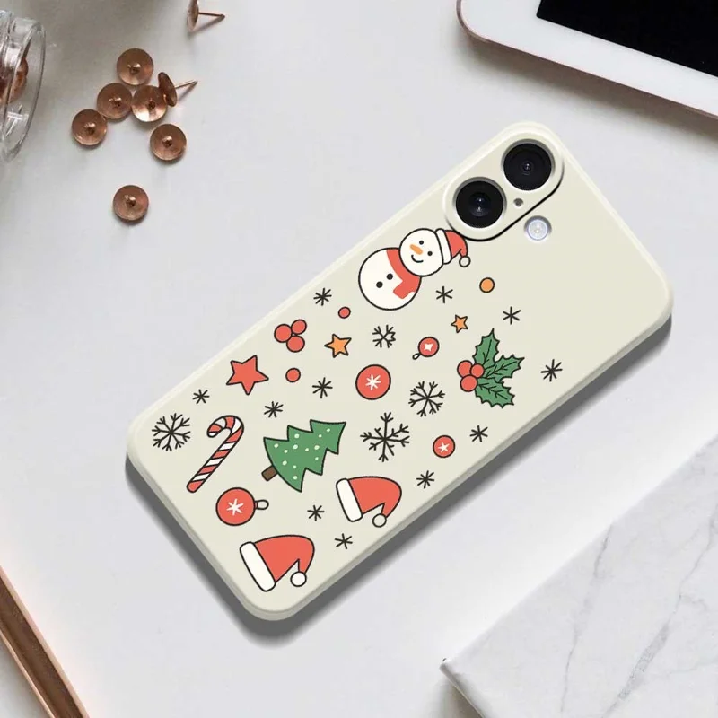 For iPhone 17 Case Snowman and Santa Hat Pattern Printing Straight Edge TPU Phone Back Cover - Beige
