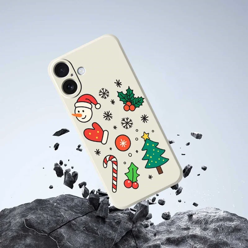 Cover per iPhone 17 con Stampa di Pupazzo di Neve e Albero di Natale, Bordo Dritto, Cover Posteriore in TPU - Verde