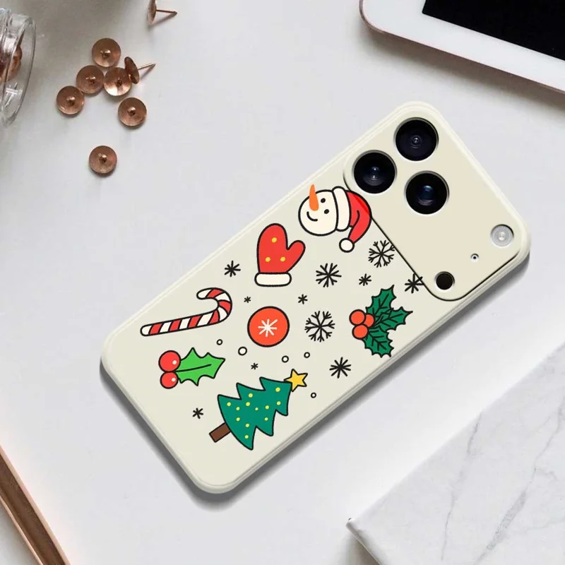 For iPhone 17 Pro Max Case Christmas Snowman and Tree Pattern Printing Straight Edge TPU Phone Back Cover - Beige