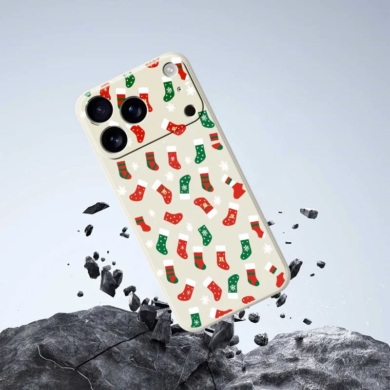 For iPhone 17 Pro Case Red and Green Socks Pattern Printing Straight Edge TPU Phone Back Cover - Beige