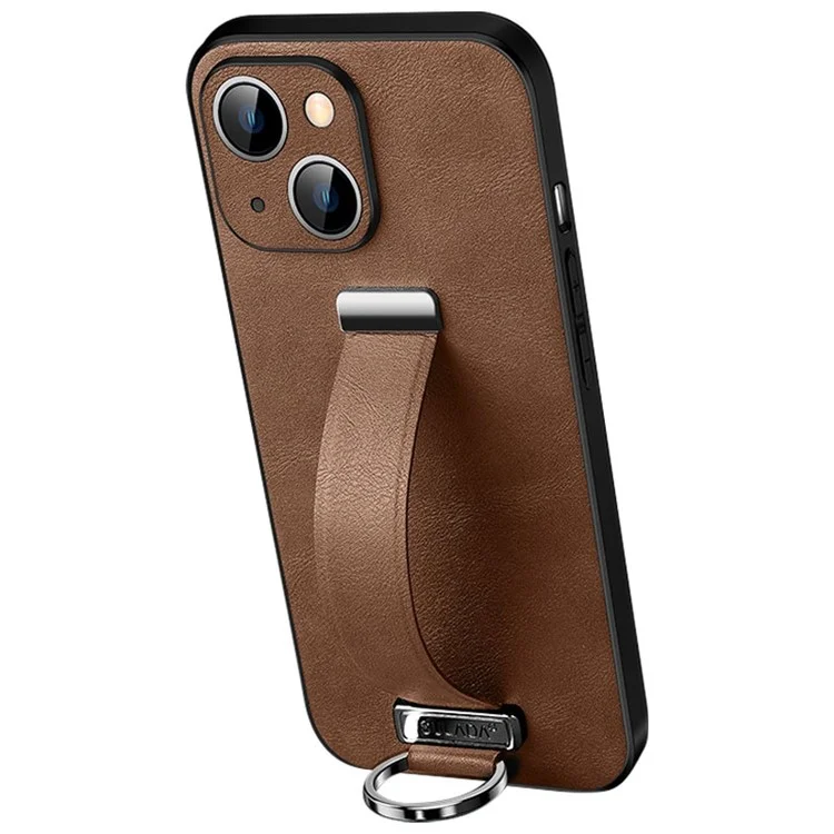 SULADA Fashion Series for iPhone 14 Plus Crazy Horse Texture PU Leather Coated PC + TPU Case Anti-drop Kickstand Phone Cover with Retractable Wristband - Brown