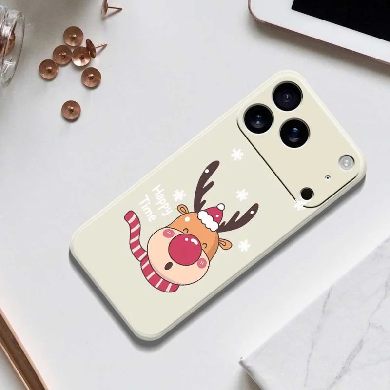 For iPhone 17 Pro Case Smiling Deer Pattern Printing Straight Edge TPU Phone Back Cover - Beige