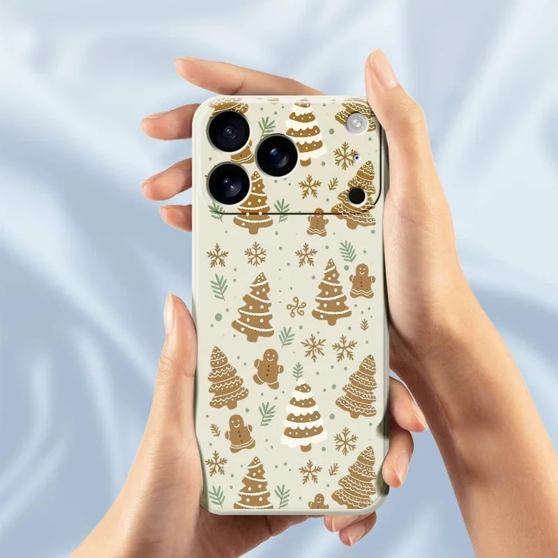 For iPhone 17 Pro Max Case Brown Christmas Tree Gingerbread Pattern Printing Straight Edge TPU Phone Back Cover - Beige