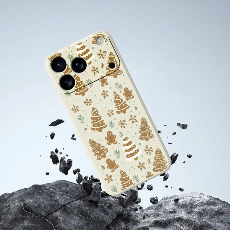 For iPhone 17 Pro Max Case Brown Christmas Tree Gingerbread Pattern Printing Straight Edge TPU Phone Back Cover - Beige