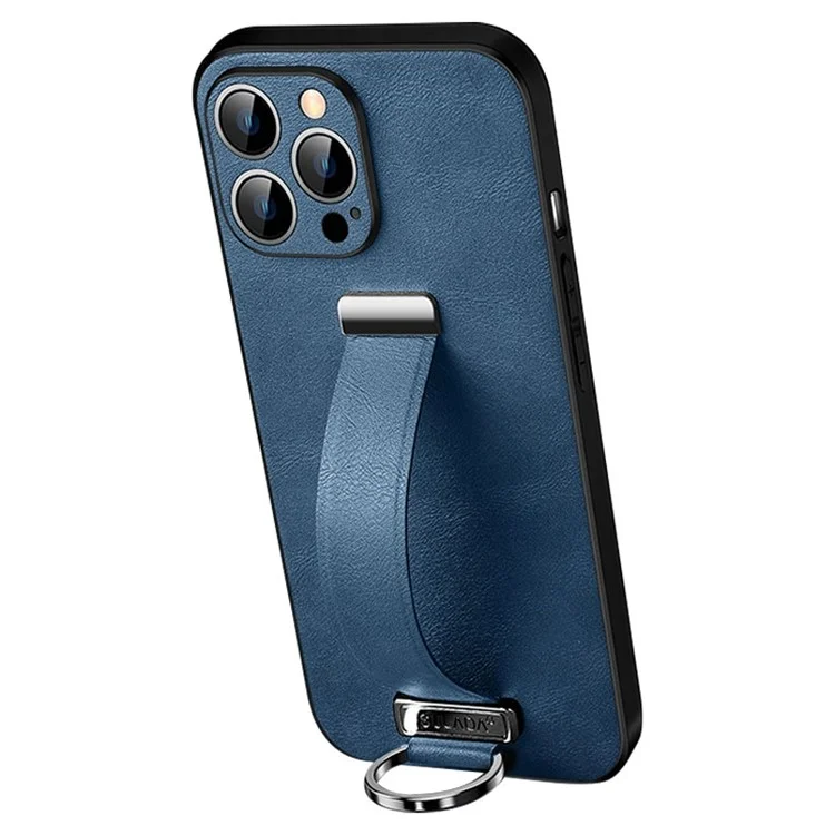 SULADA Fashion Series para iPhone 14 Pro Max Crazy Horse Texture Kickstand Case Funda de Cuero PU + Cubierta de Teléfono PC + TPU con Muñequera Retráctil - Azul