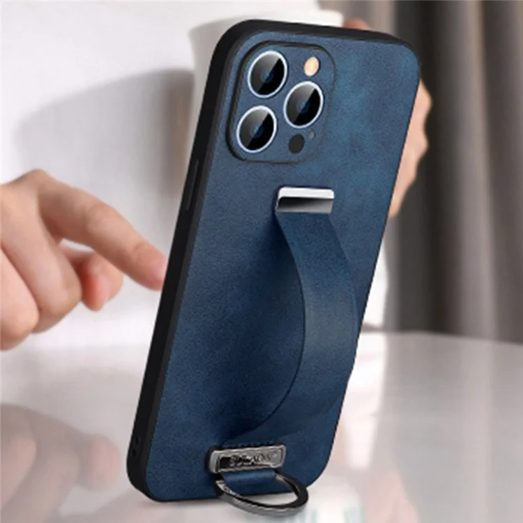 SULADA Fashion Series para iPhone 14 Pro Max Crazy Horse Texture Kickstand Case Funda de Cuero PU + Cubierta de Teléfono PC + TPU con Muñequera Retráctil - Azul