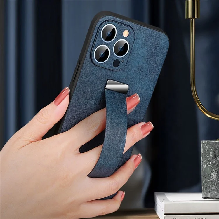 SULADA Fashion Series para iPhone 14 Pro Max Crazy Horse Texture Kickstand Case Funda de Cuero PU + Cubierta de Teléfono PC + TPU con Muñequera Retráctil - Azul