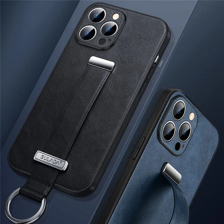 SULADA Fashion Series para iPhone 14 Pro Max Crazy Horse Texture Kickstand Case Funda de Cuero PU + Cubierta de Teléfono PC + TPU con Muñequera Retráctil - Azul