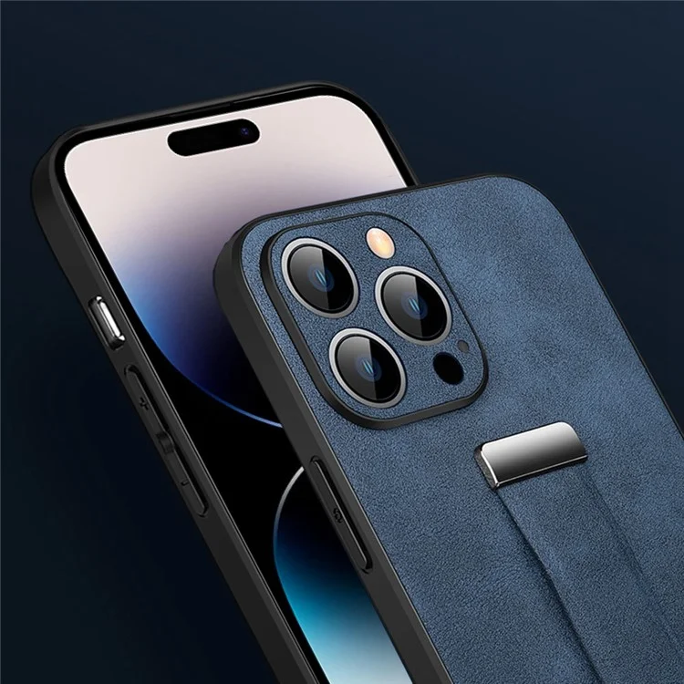 SULADA Fashion Series para iPhone 14 Pro Max Crazy Horse Texture Kickstand Case Funda de Cuero PU + Cubierta de Teléfono PC + TPU con Muñequera Retráctil - Azul