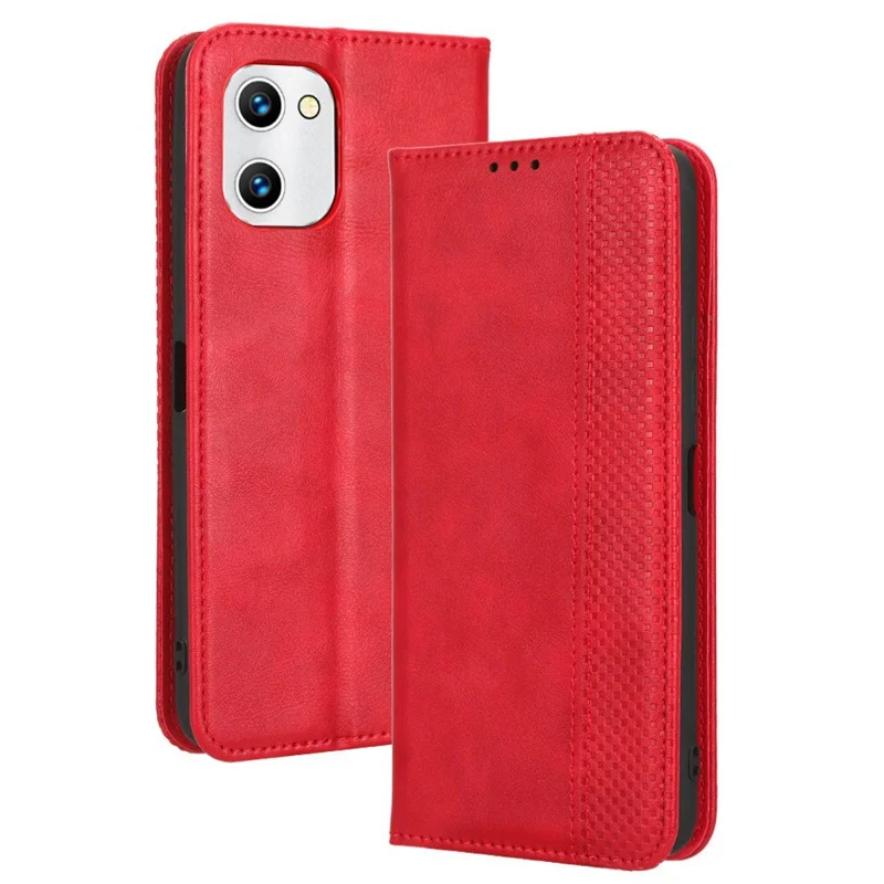For Umidigi G1 Full Protection Phone Case Retro Texture Imprinted Pattern PU Leather Wallet Stand Magnetic Auto-absorbed Phone Cover - Red
