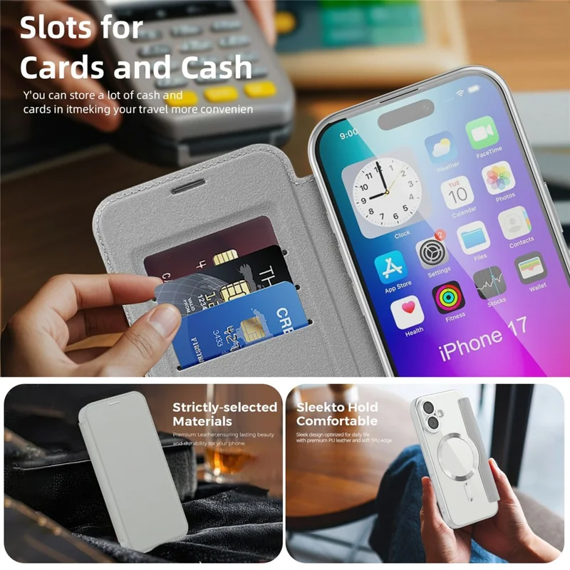 For iPhone 17 Case Compatible with MagSafe RFID Blocking Leather Phone Cover - Titanium Grey