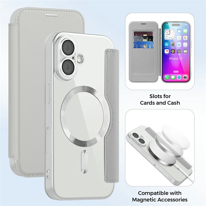 For iPhone 17 Case Compatible with MagSafe RFID Blocking Leather Phone Cover - Titanium Grey