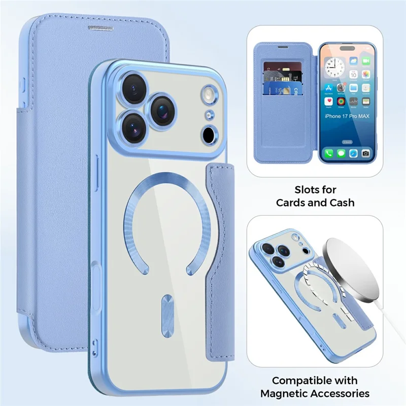 For iPhone 17 Pro Max Case Compatible with MagSafe RFID Blocking Card Holder Leather Phone Cover - Blue