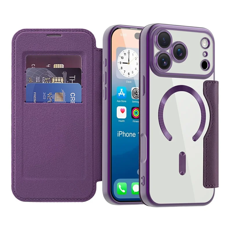 For iPhone 17 Pro Max Case Compatible with MagSafe RFID Blocking Card Holder Leather Phone Cover - Dark Purple