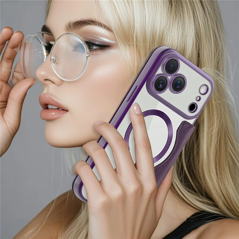 For iPhone 17 Pro Max Case Compatible with MagSafe RFID Blocking Card Holder Leather Phone Cover - Dark Purple