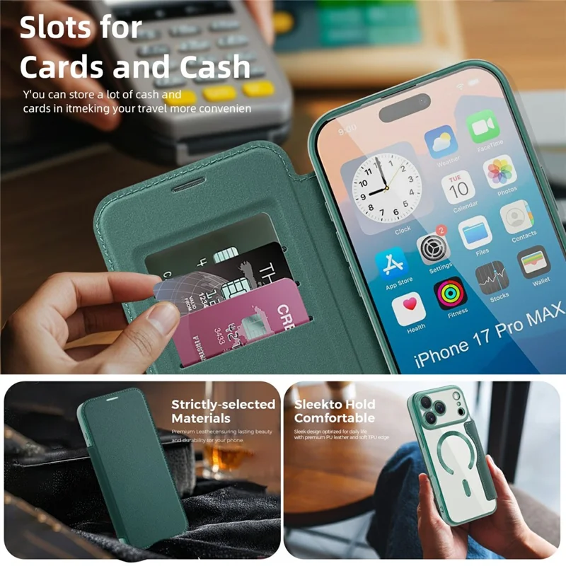 For iPhone 17 Pro Max Case Compatible with MagSafe RFID Blocking Card Holder Leather Phone Cover - Blackish Green