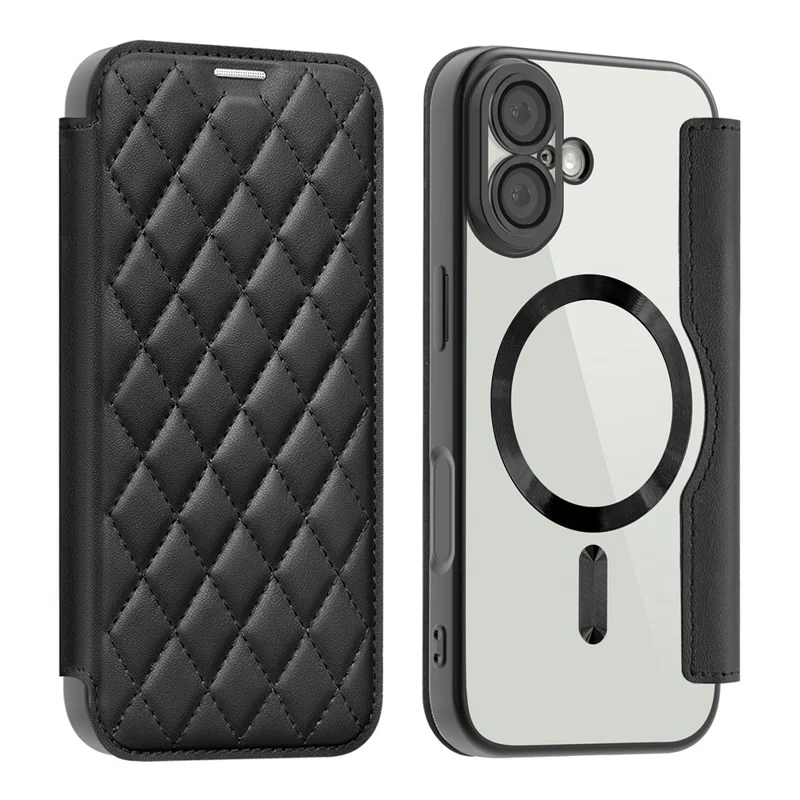 For iPhone 17 Case Compatible with MagSafe Rhombus PU Leather Phone Cover - Black