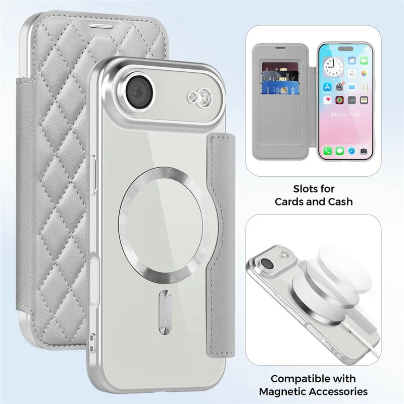 For iPhone Air Case Compatible with MagSafe Rhombus PU Leather Phone Cover - Titanium Grey
