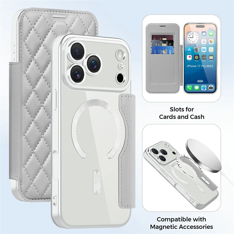 Für iPhone 17 Pro Max Hülle kompatibel mit MagSafe Rhombus PU-Leder Handyhülle - Titangrau