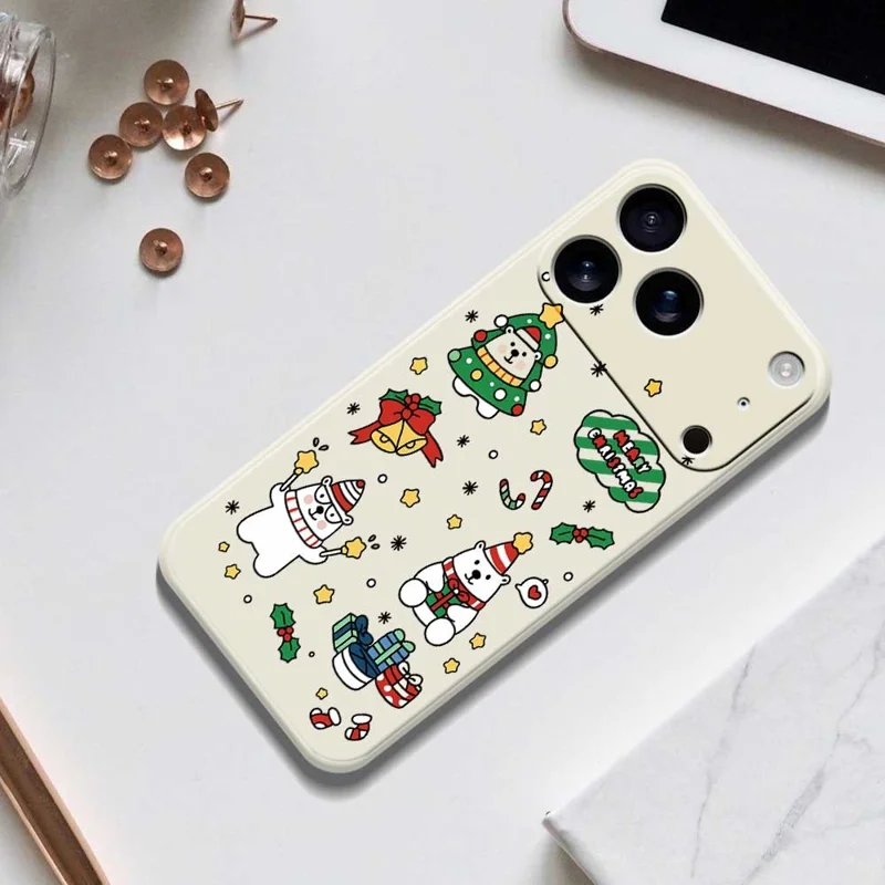 For iPhone 17 Pro Case Christmas Bears Pattern Printing Straight Edge TPU Phone Back Cover - Beige