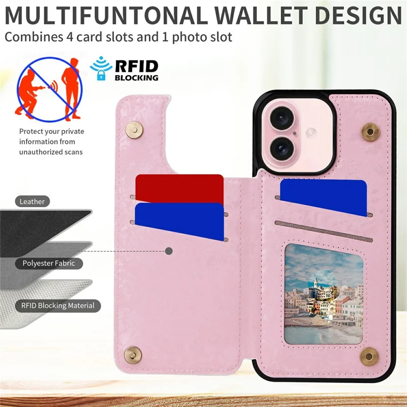 Für iPhone 17 Hülle Blumen Leder TPU RFID Blocking Handyhülle mit Kartenfächern - Rose