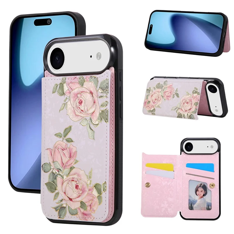 For iPhone Air Case Flower Leather TPU RFID Blocking Phone Cover Card Slots - Rose Flower