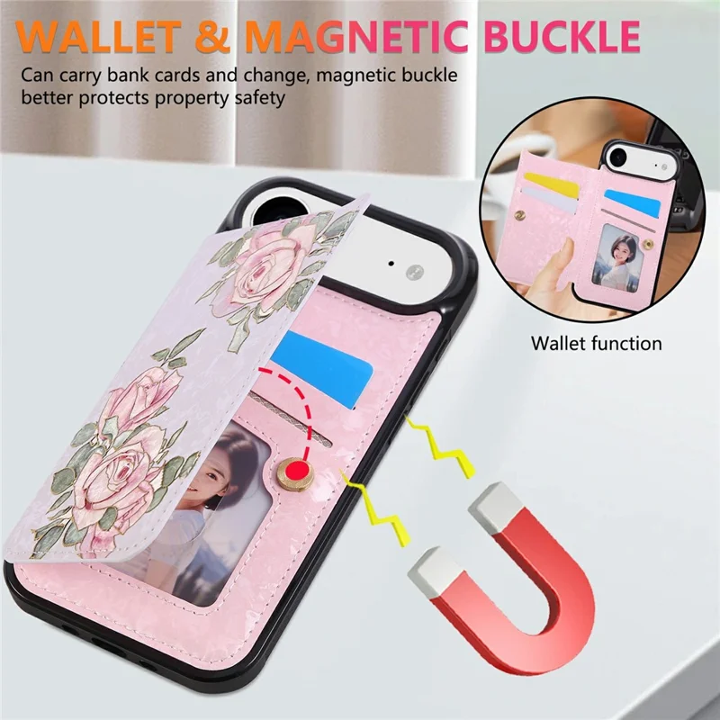 For iPhone Air Case Flower Leather TPU RFID Blocking Phone Cover Card Slots - Rose Flower