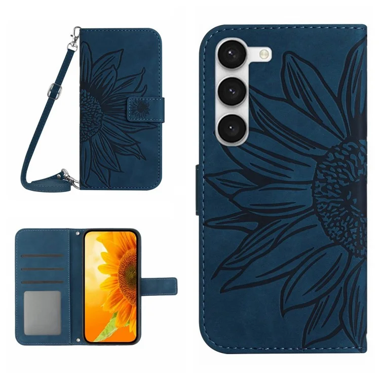 For Samsung Galaxy S23 HT04 Imprinted Sunflower Wallet Case Skin-Touch PU Leather Stand Magnetic Clasp Phone Cover with Shoulder Strap - Jet Blue