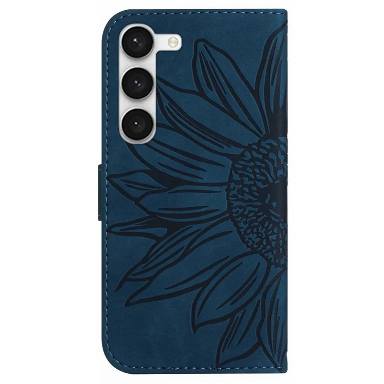 For Samsung Galaxy S23 HT04 Imprinted Sunflower Wallet Case Skin-Touch PU Leather Stand Magnetic Clasp Phone Cover with Shoulder Strap - Jet Blue