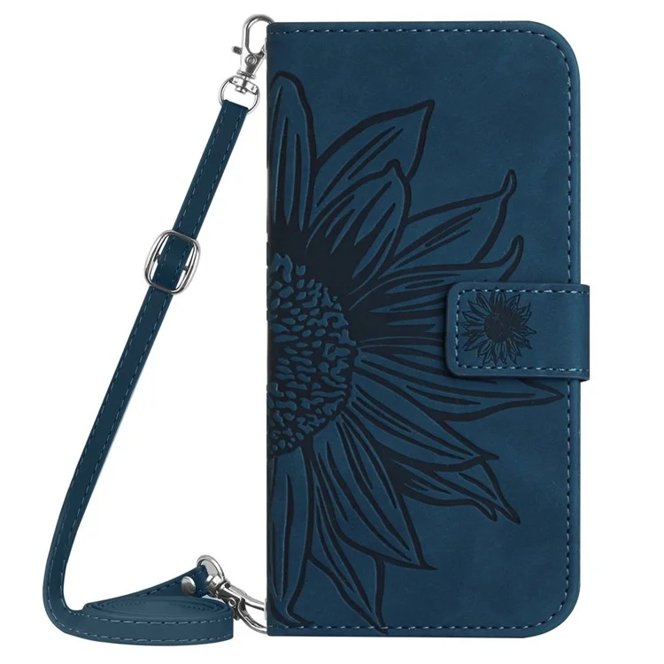 For Samsung Galaxy S23 HT04 Imprinted Sunflower Wallet Case Skin-Touch PU Leather Stand Magnetic Clasp Phone Cover with Shoulder Strap - Jet Blue