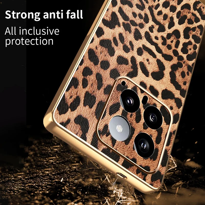 Étui pour Xiaomi 14 Imprimé Léopard en Cuir PU Revêtu de PC + TPU avec Finition Électrolytique