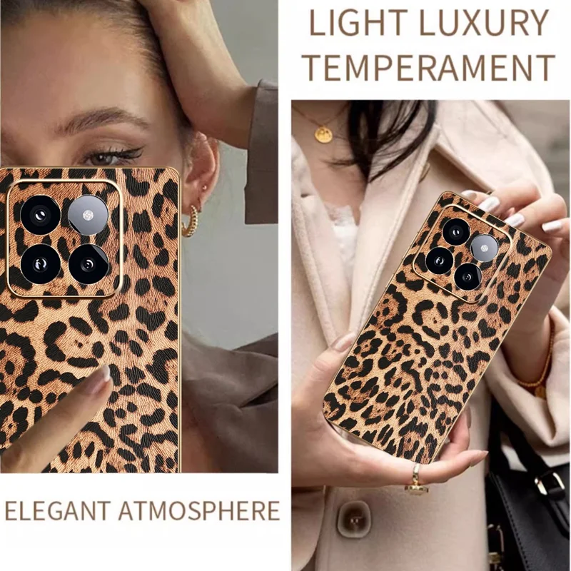 For Xiaomi 14 Pro Case Leopard Print PU Leather Coated PC + TPU Electroplating Phone Cover