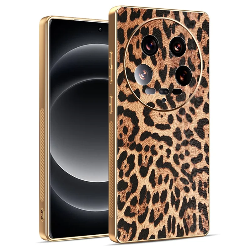 Étui pour Xiaomi 14 Ultra Impression léopard Revêtement en cuir PU PC + Housse de téléphone TPU Électroplaquage